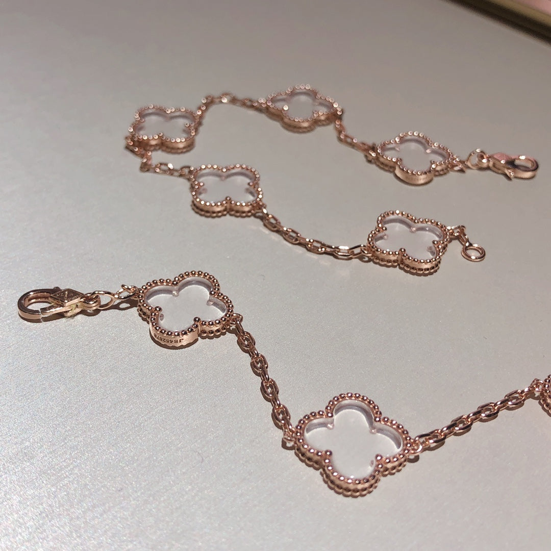 [Bloom]CLOVER 5 MOTIF ROCK CRYSTAL PINK GOLD BRACELET