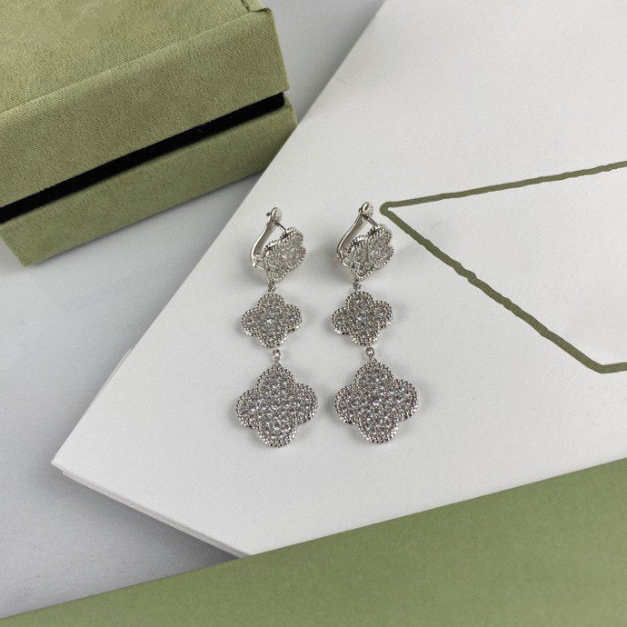 [Bloom]CLOVER 3 MOTIF DIAMOND SILVER DROP EARRINGS