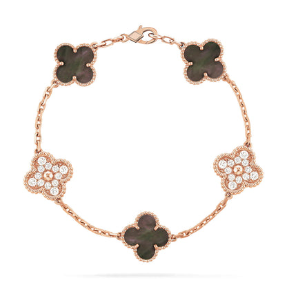 [Bloom]CLOVER 5 MOTIFS DARK MOP AND DIAMONDS PINK GOLD BRACELET