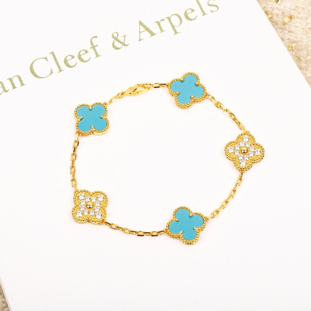 [Bloom]CLOVER 5 MOTIF TURQUOISE DIAMOND GOLD BRACELET