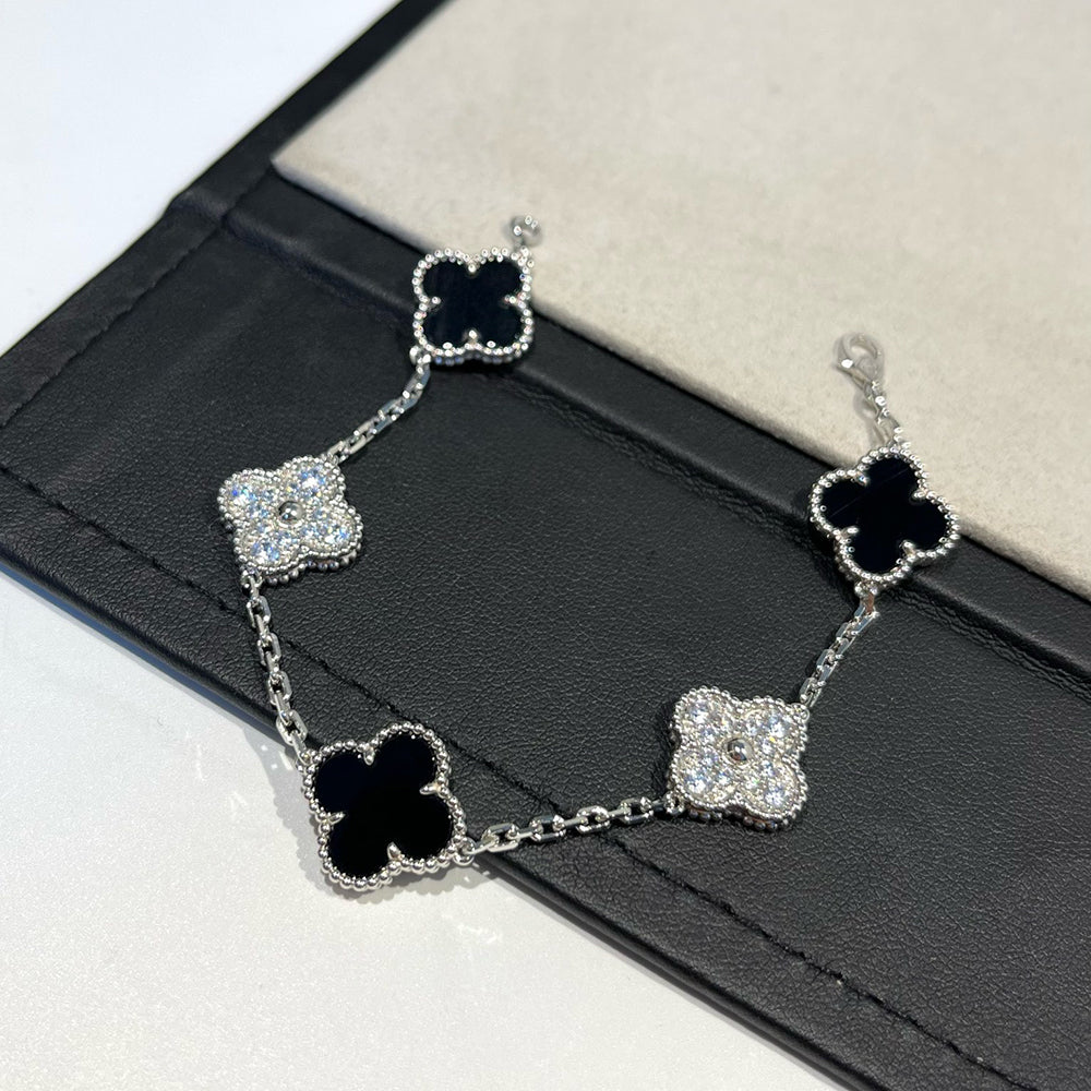 [Bloom]CLOVER 5 MOTIF ONYXS DIAMOND BRACELET SILVER