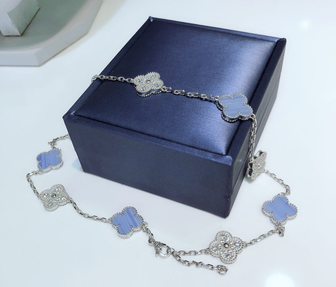 [Bloom]CLOVER 10 MOTIFS CHALCEDONY DIAMONDS SILVER NECKLACE