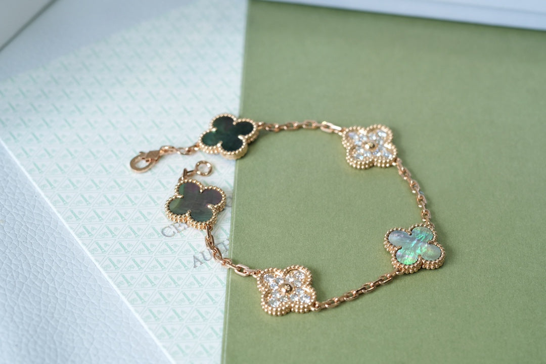 [Bloom]CLOVER 5 MOTIFS DARK MOP AND DIAMONDS PINK GOLD BRACELET